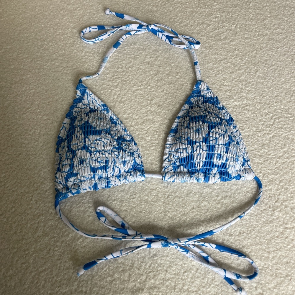 White and Blue Floral Bikini Top